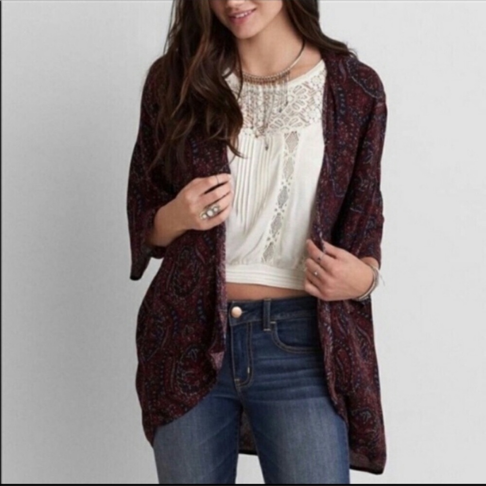 American Eagle Maroon Boho Kimono